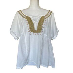 Calvin Klein Jeans White Embroidered Blouse Top Sz XL Sparkly Trim Cotton
